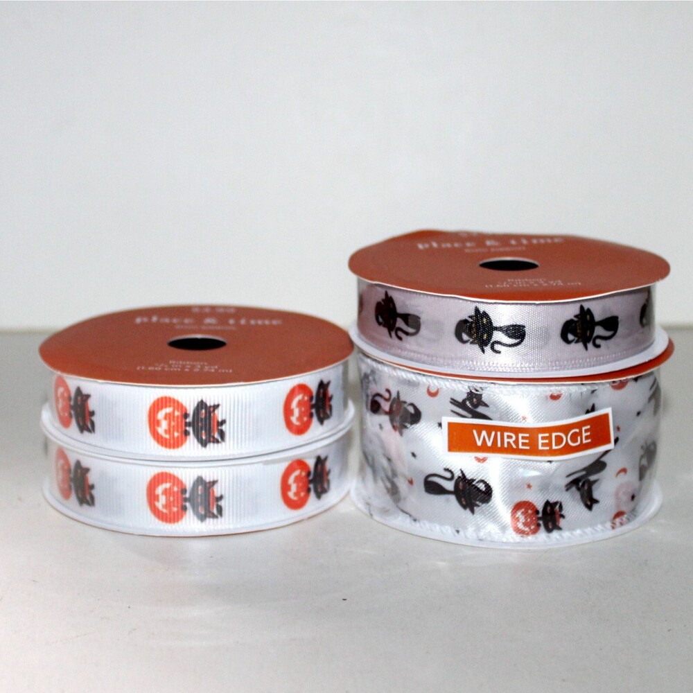Lot 4 Place & Time Ribbon Black Cat Pumpkin wire edge satin white NEW Halloween